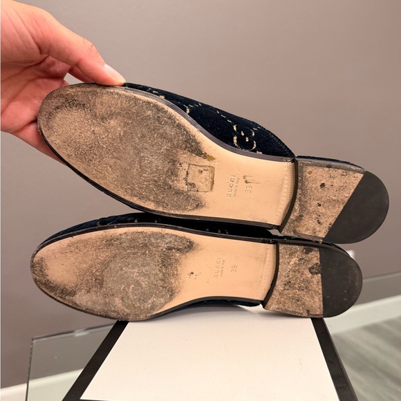 Gucci Princetown Navy Velvet Slip-On Mules with Gold Horsebit Detail - Picture 10 of 10